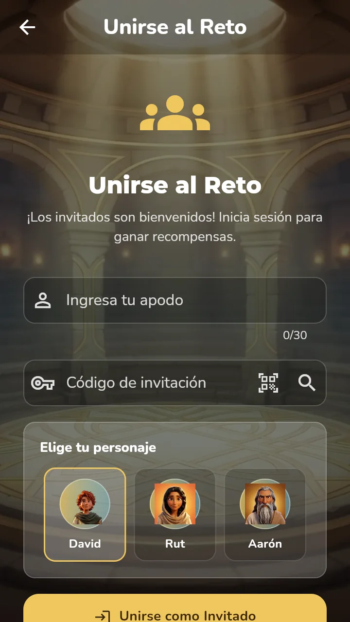 Pantalla para unirse al Reto Bíblico