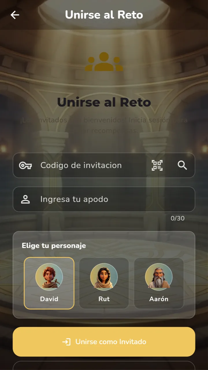 Pantalla para unirse al Reto Bíblico