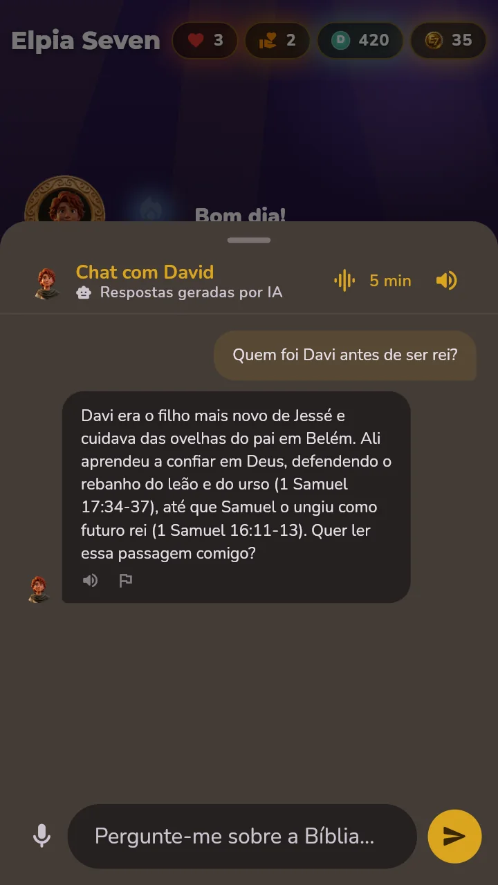 Chat de estudo com o personagem, marcado como respostas geradas por IA