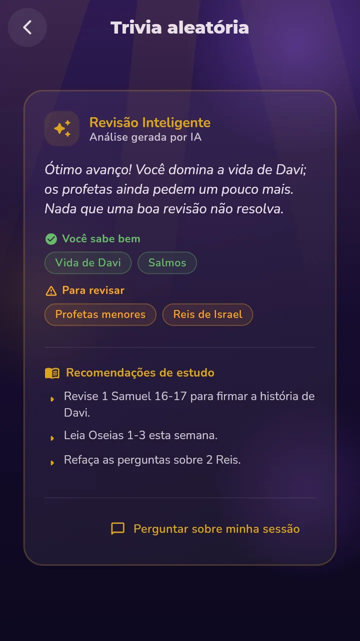 Revisão inteligente ao final da trivia, análise gerada por IA